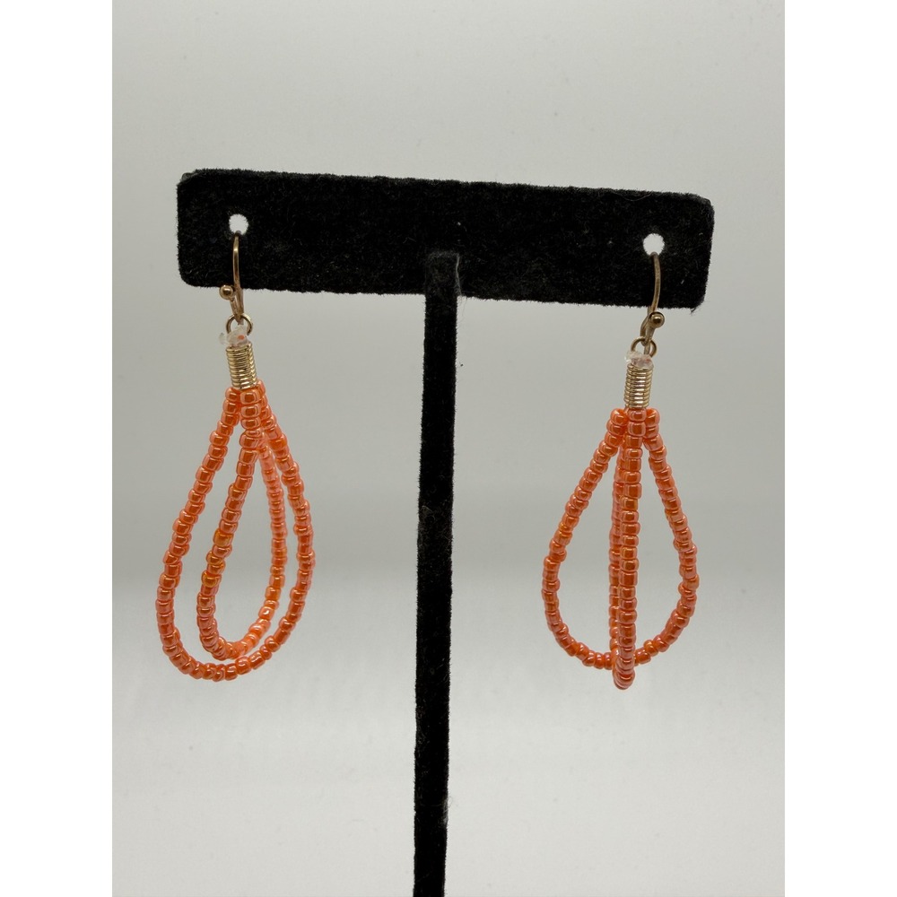 Coral Orange Beaded Teardrop Dangle Earrings Triple Loop Boho Seed Bead Jewelry